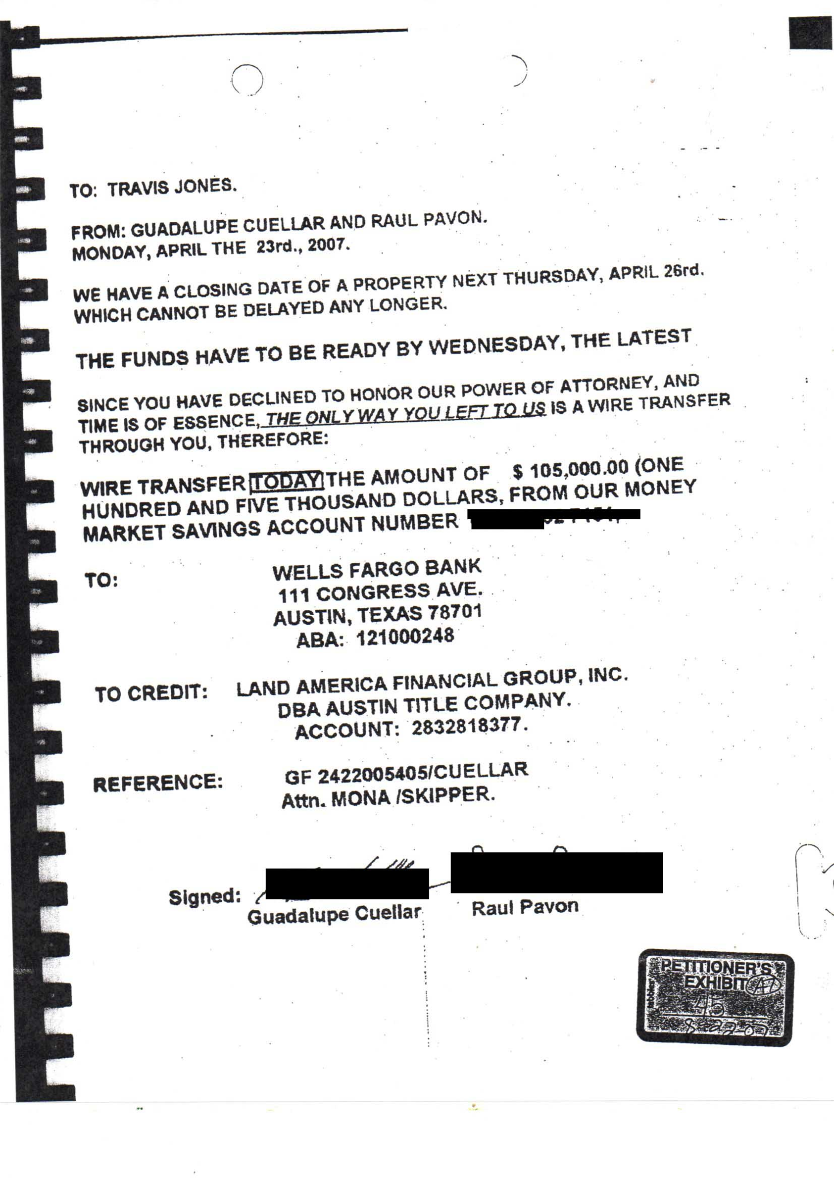 The Payment The Milner's Filed In Court Proves:
Texas Land Was Purchased By Raul & Guadalupe,
THE RECORD WAS STOLEN FROM THEIR HOME
THE HOMICIDE MOTIVE: SELL THEIR TEXAS  LAND
Mack Ray Hernandez And Forest Nelson Aided The SCAM